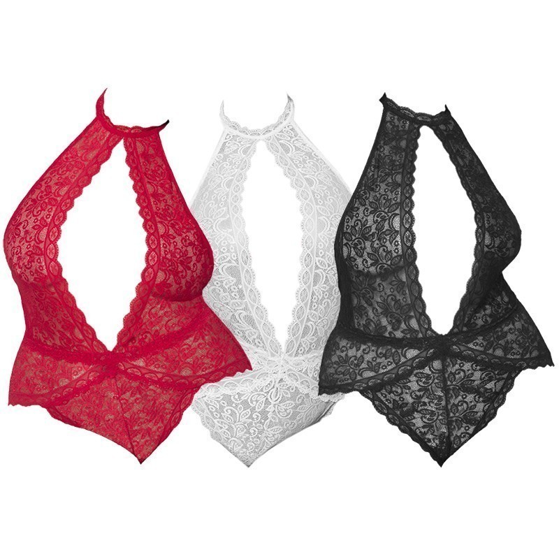 L1166 Baju Tidur Lingerie Seksi Teddy Bodysuit Halter Lace Transparan Jumbo Big Size