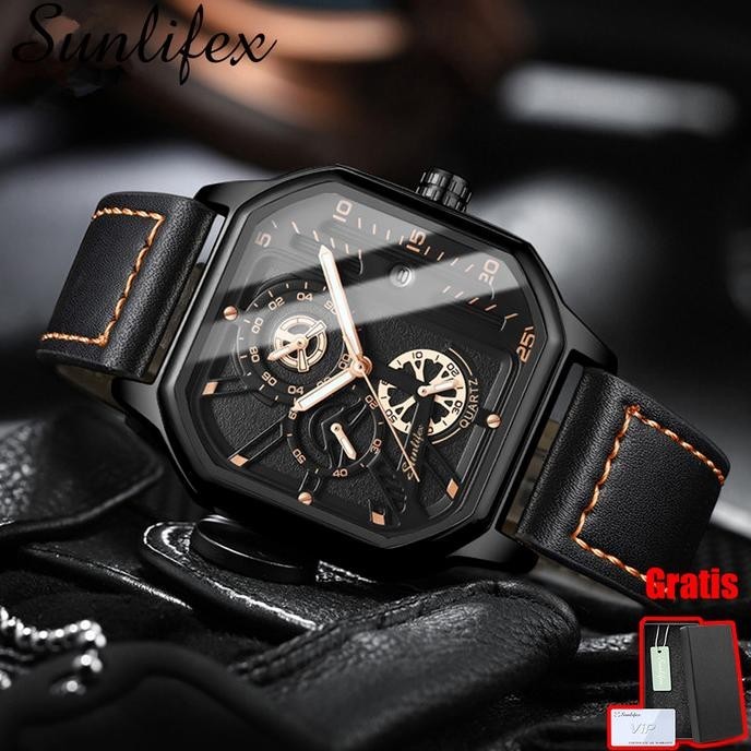 Jam Tangan Pria Original Sunlifex Bercahaya Kalender Kuarsa