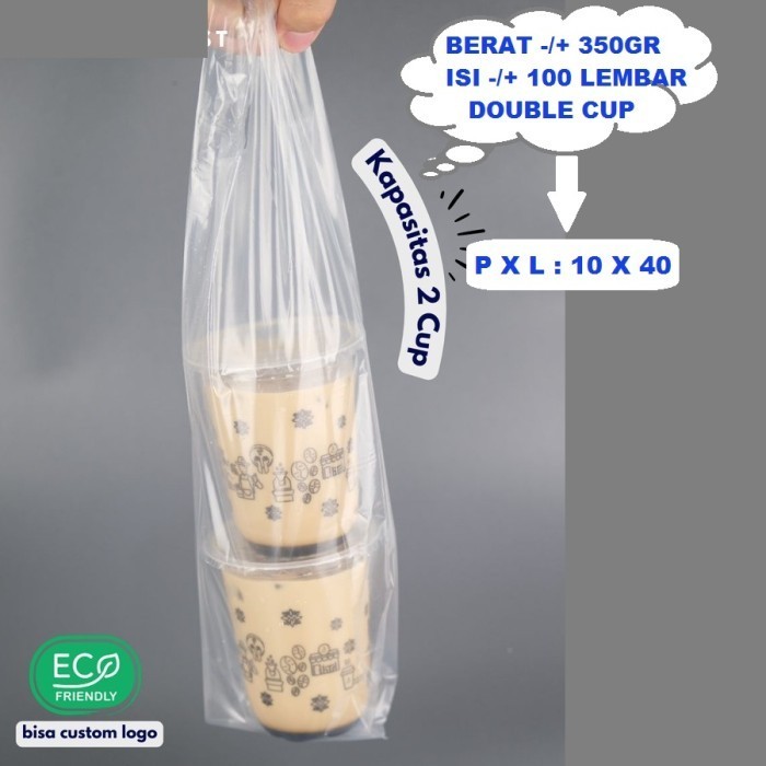 HOT SALE Hd Kantong Plastik Pe Bening Double Cup Kresek Take Away 2 Gelas Cup