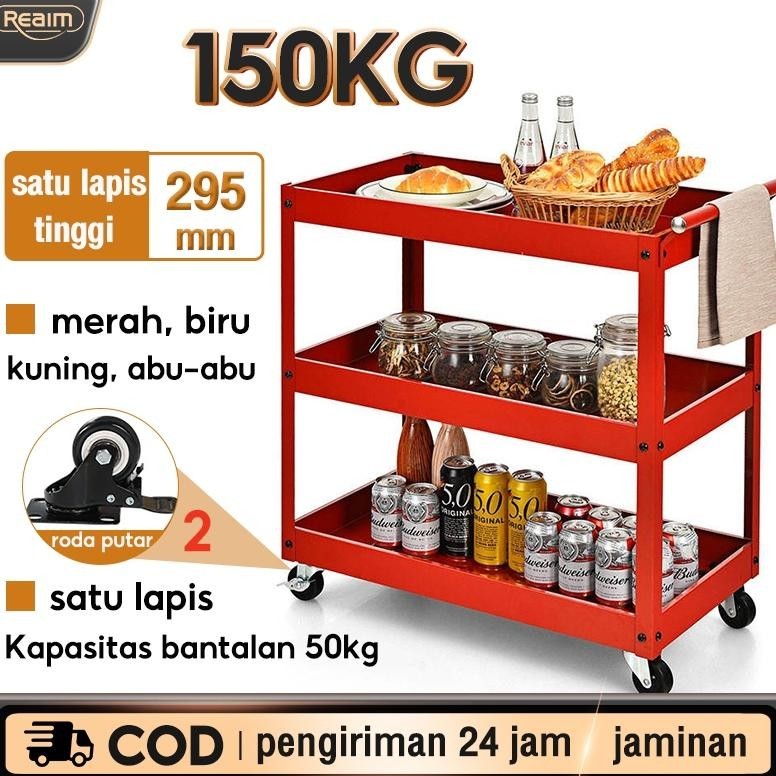 REAIM LogamTroli Bengkel Rak 3 Susun Trolly rak kunci bengkel Trolley Troli Kapasitas bantalan 150kg