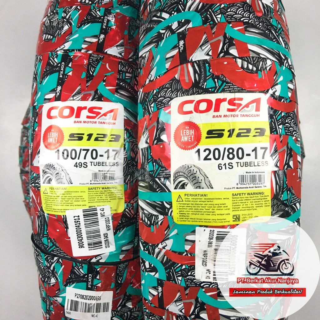 Corsa S123 100/70 & 120/80-17 Sepasang Ban Motor Tubeless BONUS Pentil