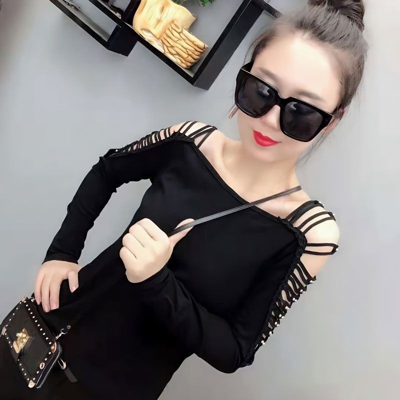 Baju Bahu Terbuka Seksi, Baju Kecil Baru, Lengan Panjang, Bahu Terbuka, Berongga, SeksiTBaju Kaos