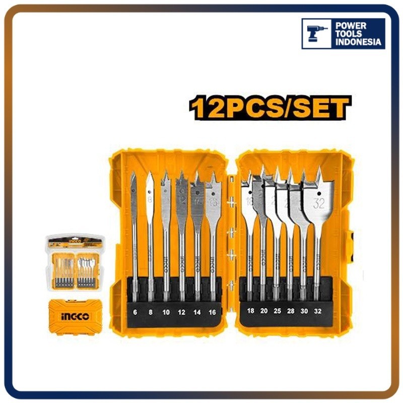 Original 12Pcs Flat Wood Drill Bits (6-32Mm) Ingco Akdl1201 Mata Bor Kayu Kipas