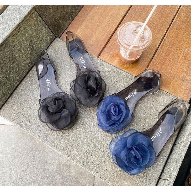 Sepatu Jelly Kaca Wanita / Flatshoes Kaca Jelly Bunga Transparan 186