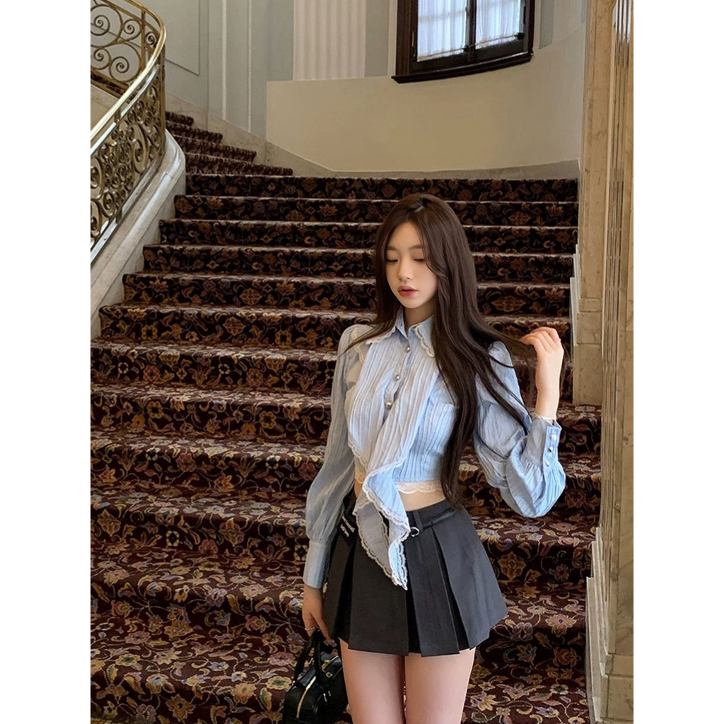 [Cream Winnie]Setelan Rok Berlipat Pinggang Renda Kemeja Pendek Biru Korea