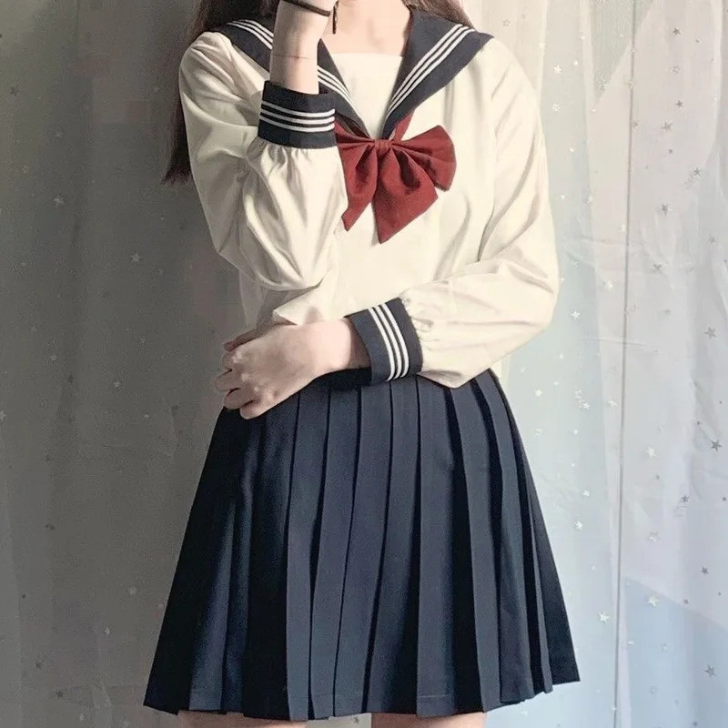 Japanese School Uniform Girl Jk Suit Sexy Spring and Autumn Red Tie White Three Basic Sailor Uniform