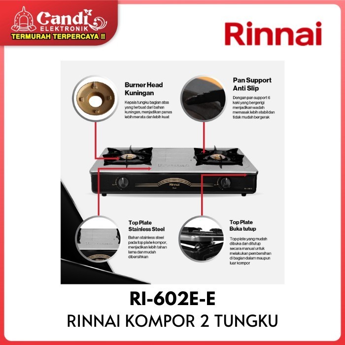 Rinnai Kompor Gas 2 Tungku Hitam Stainless Steel Ri-602E-E