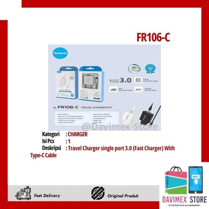 [ORI] FOOMEE FR106C Travel Charger single port 3.0 (Fast Charger) With TypeC Cable Charger