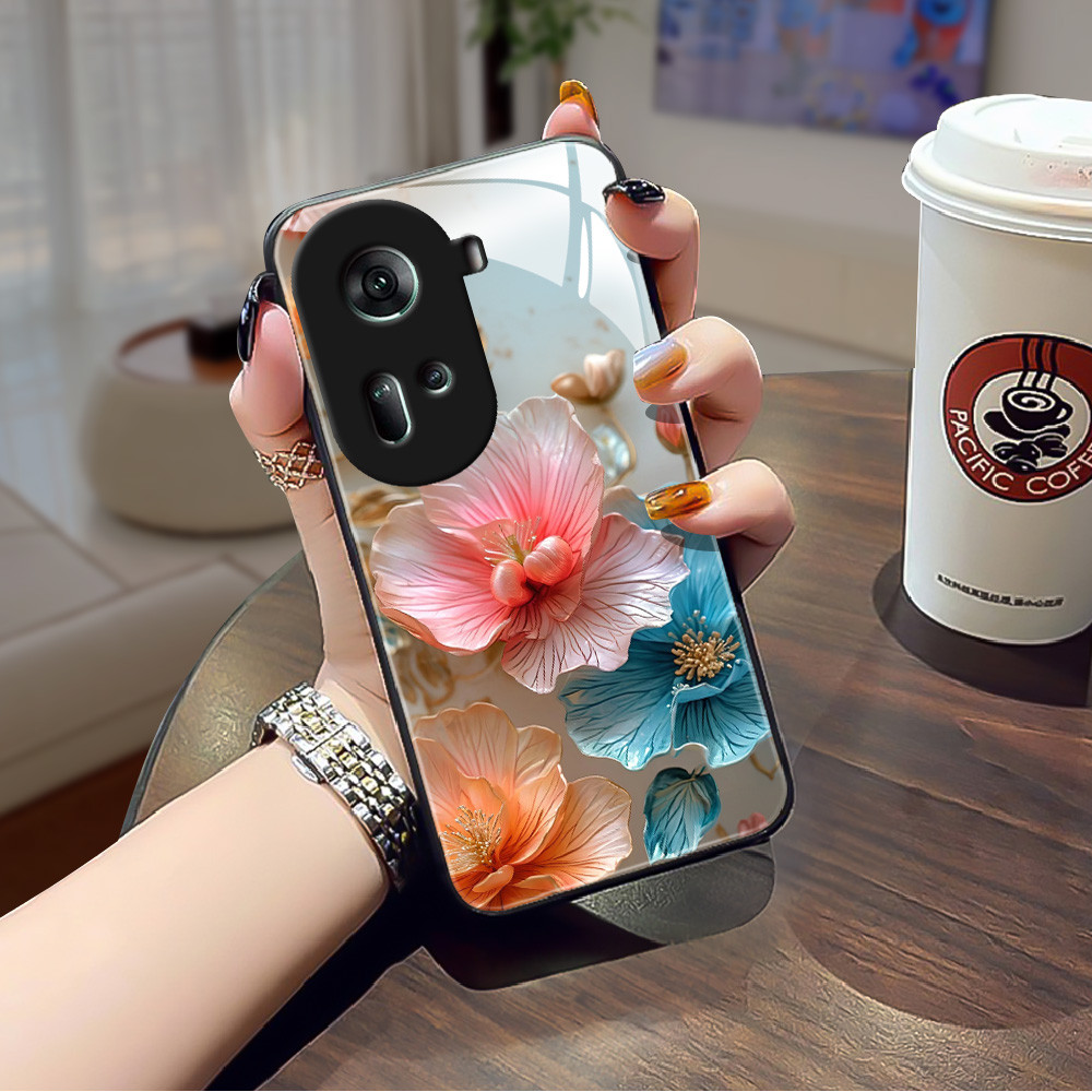 Bunga Tepi Emas Kaca glass Case cesing kesing untuk OPPO Reno 11 11F 8 8T 4G 7 6 6Z 5 5F 4 2Z 2F 4Z 