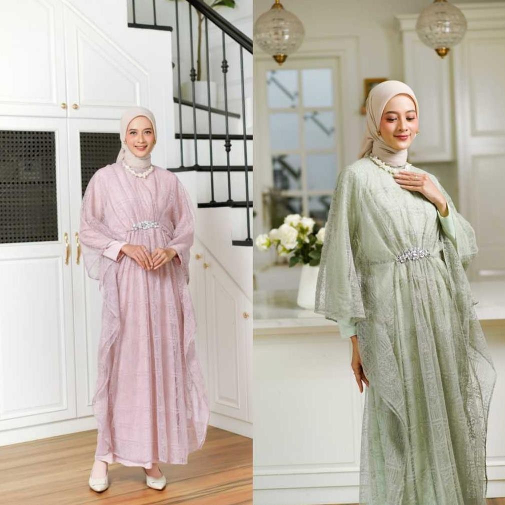 Gamis Kaftan Pesta Mewah Azzura Lebaran Kondangan Baju Muslim Wanita Satin Sage Dress Kondangan