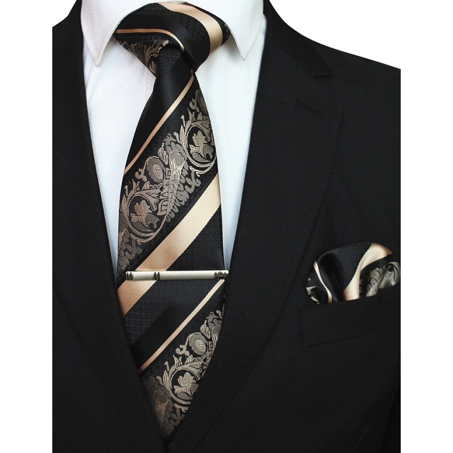 Syahidah - Set Tie Gold Muda Dasi Panjang Batik, Pocket Square, Jepit Dasi Box