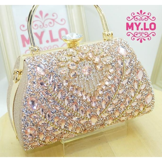 TAS PESTA CLUTCH BULAT SWAROVSKY GOLD IMPORT MYLO MC8A51