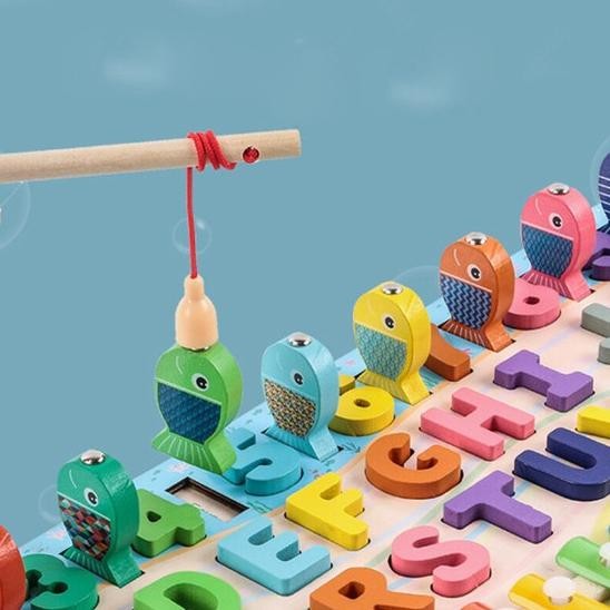 Puzzle Kayu Belajar Abjad Angka Huruf Xylophone Pancing Ikan Magnet