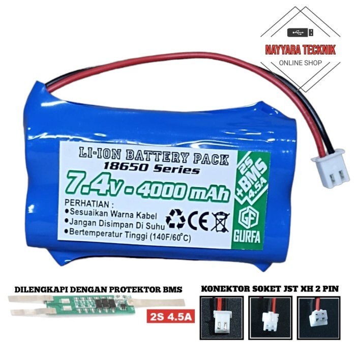 Batrai RC/ Speaker & 2X 18650-2S 4000mAh 7.4V Protetor BMS 4.5A XH 2