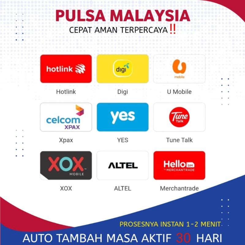 Pulsa Malaysia RM5 RM10 RM15  RM20 RM25 RM30 Umobile Digi Celcom Maxis Hotlink TuneTalk Onexox