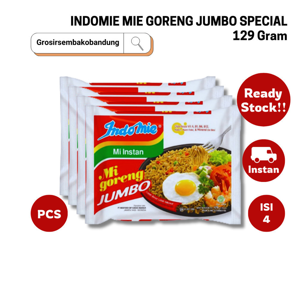 

INDOMIE MIE GORENG JUMBO SPECIAL PCK 129g - 4 Pcs - Kota Bandung