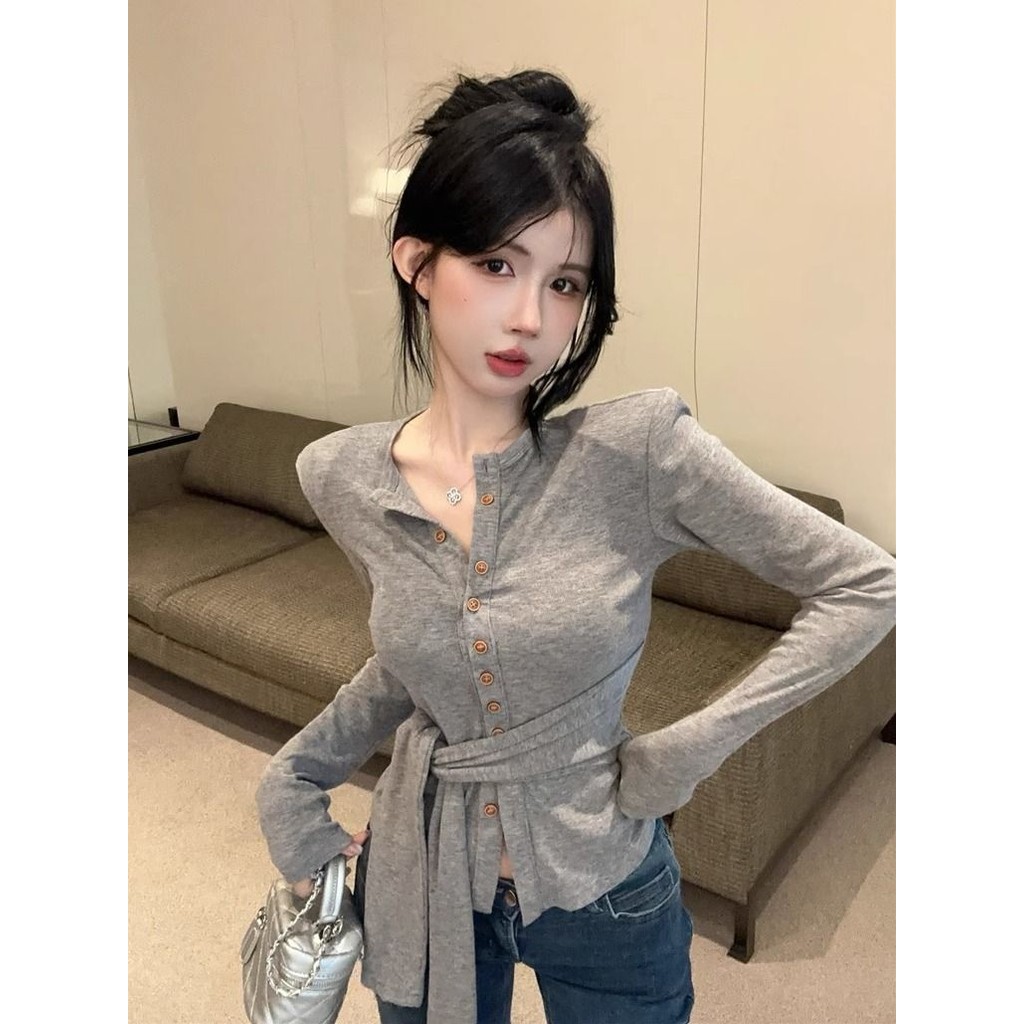 [Cream Winnie]Kardigan rajutan pinggang bertali Perancis, atasan crop pelangsing feminin