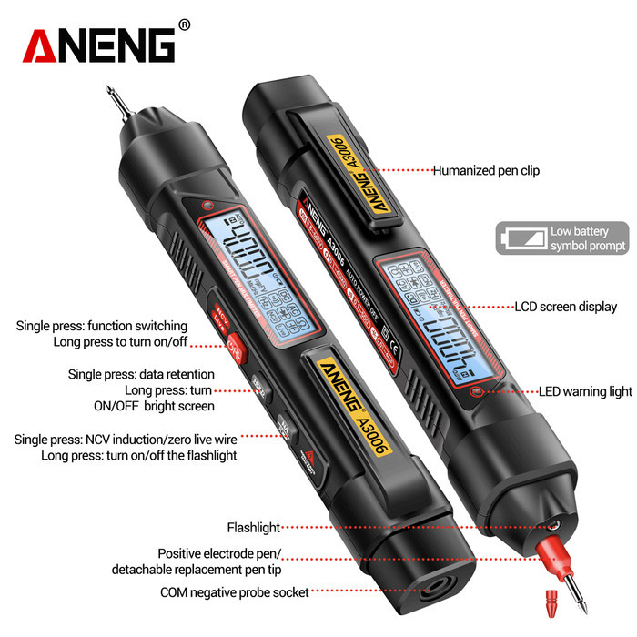 Aneng A3006 Pen Type Digital Multimeter 4000 Count Tester Zero Fire Gja