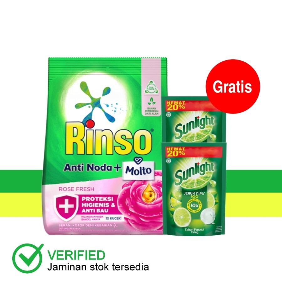 Rinso Beli 1 Gratis 2 Molto Anti Noda Deterjen Bubuk Rose Fresh 1.8 Kg