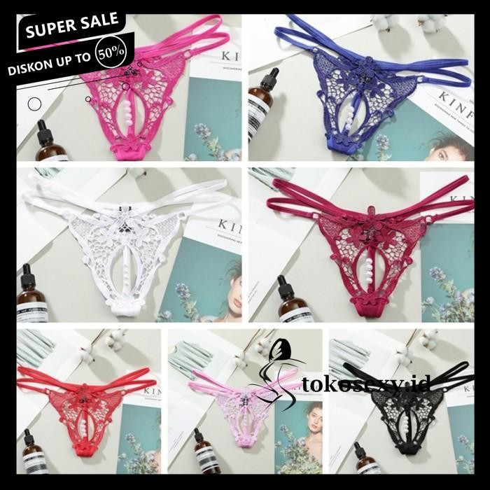WANITA CELANA DALAM TRANSPARAN LACE BORDIR CD MUTIARA G STRING C- GRATIS ONGKIR