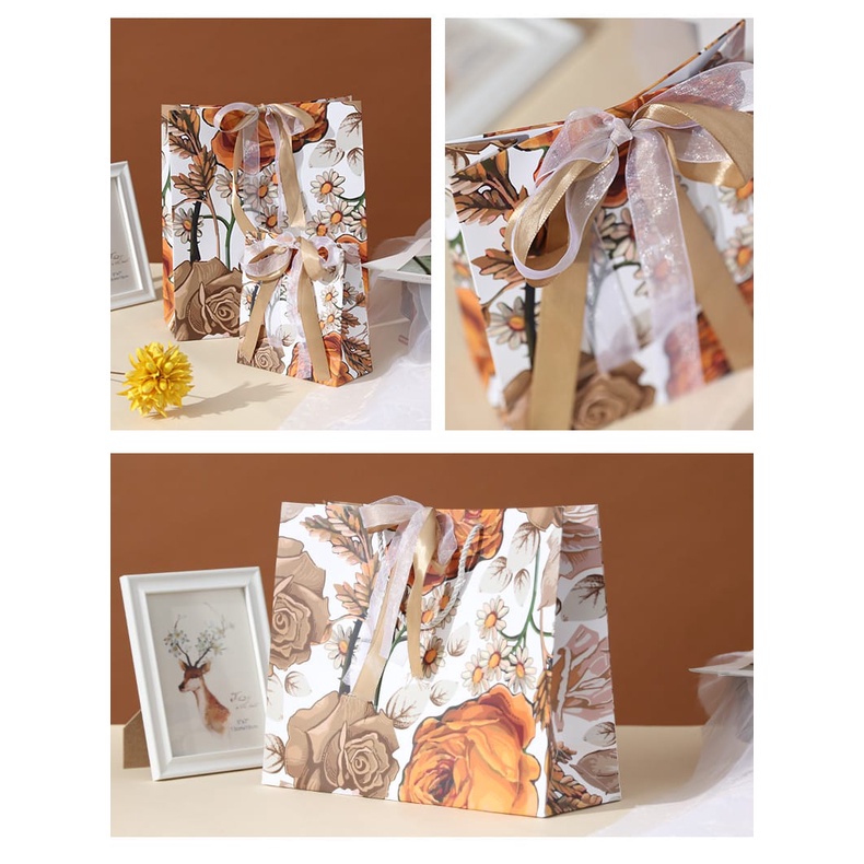 

(2Pcs)Rbag Tas Kertas Goodie Bag Handbag Kantong Hadiah Hampers Motif Flower + Pita Jumbo