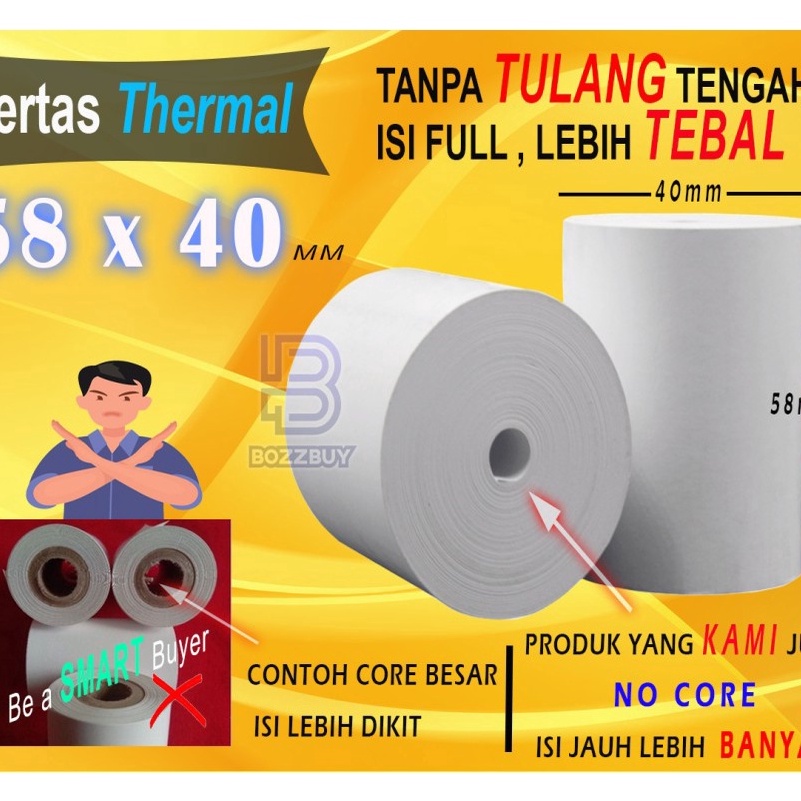 

(✉ Z➲5S] Bozzbuy - 58 X 40 MM Kertas Struck Printer Thermal TEBAL 58x40mm ISI 10 Roll- berrkualitas.!!