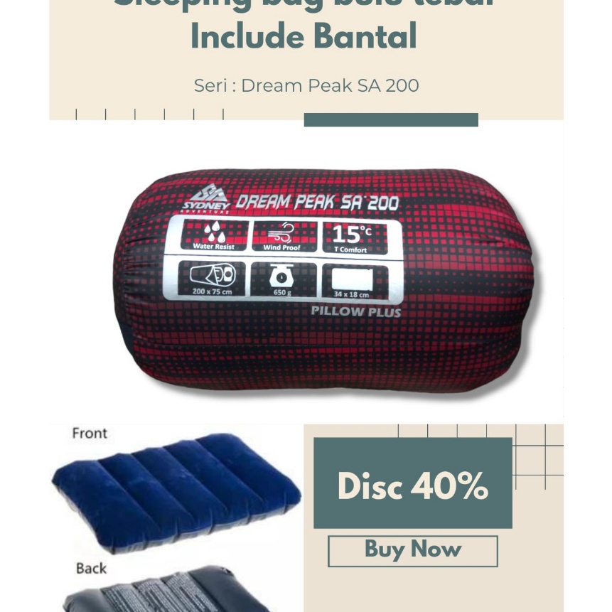 [M㊚.✔1F) Sleeping bag bulu + Bantal waterproff & windproff Sydney Adventure SA200 siap.dikirim..