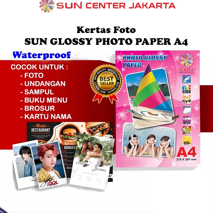 

(✪ ✯V6I> Kertas Foto Glossy A4 - SUN Photo Glossy Paper A4 265, 240, 210, 185, 120 GSM (Support epson/canon/hp/brother ori dye) - 664, 003, 673, 001 berrkualitas..!