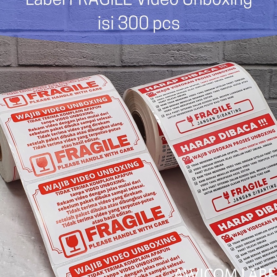 

(»-LGU㊛> Label Sticker FRAGILE Wajib Video Unboxing Stiker Perhatian Online Shop 80x50 isi 300 pcs / trendings.!!