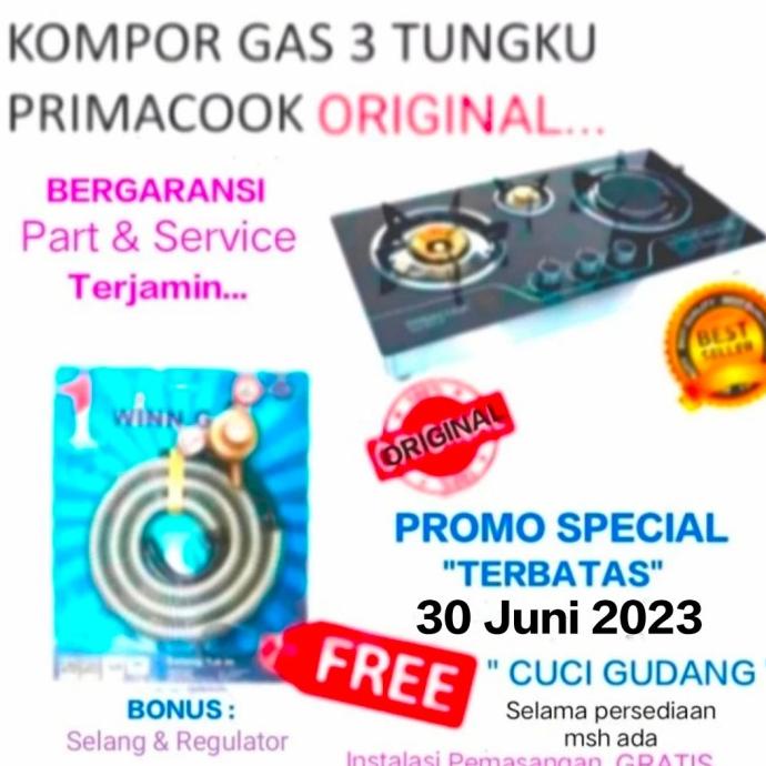 Kompor Gas Kaca 3 Tungku Tanam Primacook Original