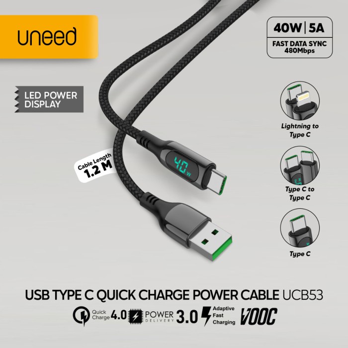 UNEED CABLE QUICK CHARGE 100W WITH POWER DISPLAY DATA CABLE 1.2M UCB53