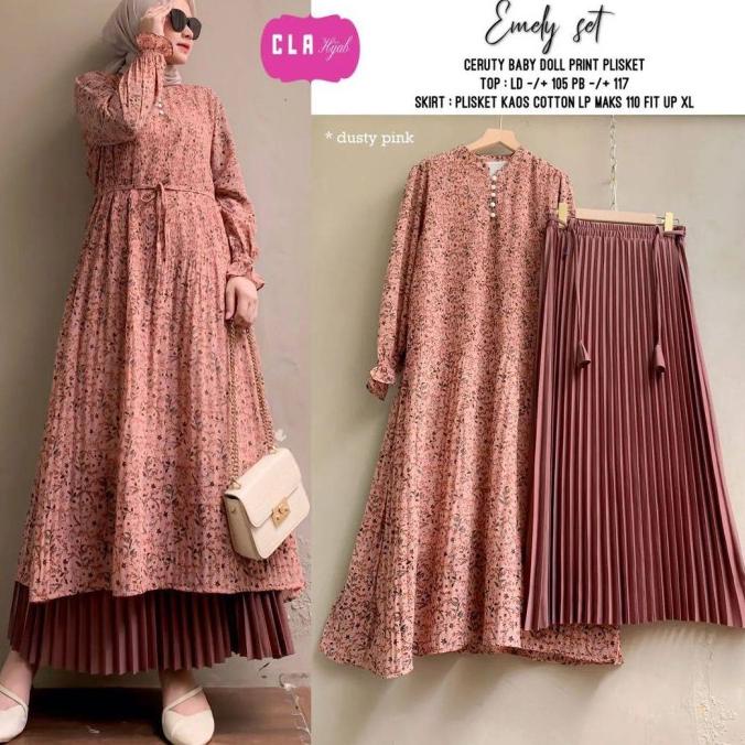 Baju Setelan Wanita Muslim Emely Set Rok Plisket Modern Terbaru Modis