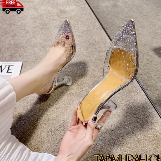 SEPATU HEELS TRANSPARAN IMPORT WANITA SANDAL HAK KACA MODEL KRISTAL CK