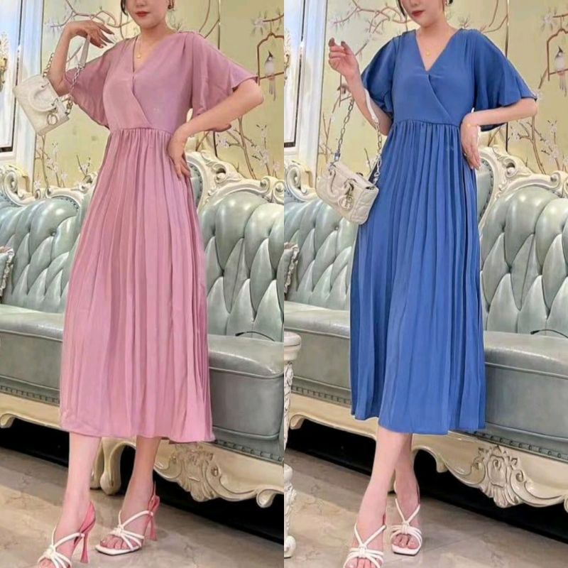 12820 Baju minidress PLEATED PLISKET WRAP MINI DRESS lengan pendek layer dres Korea Korean style wan