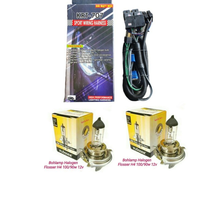 Kabel Set Lampu mobil KRT 2 Relay H4 + Bohlamp Flosser H4 100/90W 12V ready