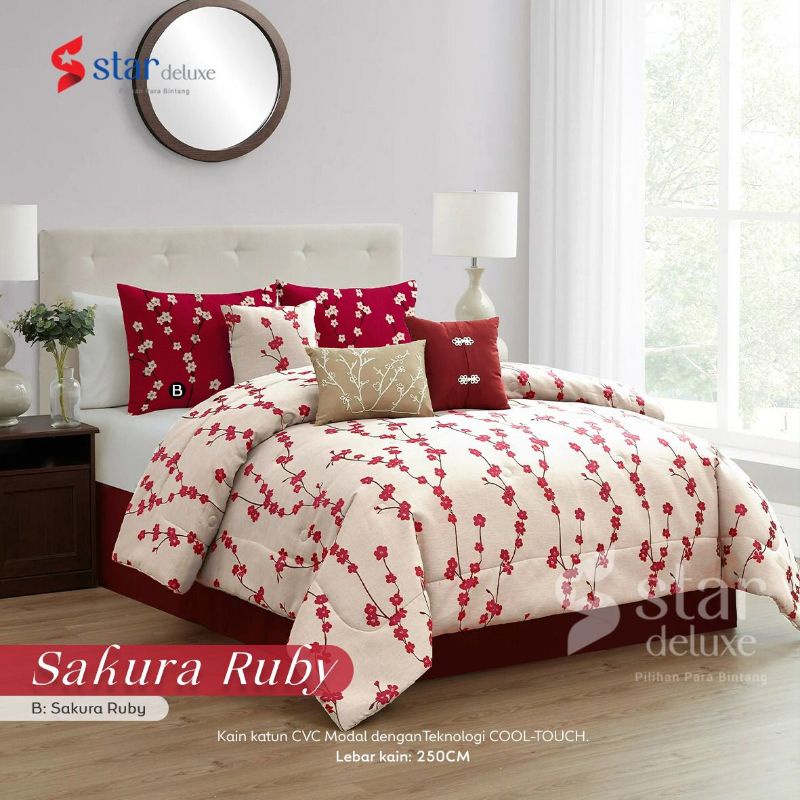 Katun Lokal Original Grade 1 kain Sprei meteran bahan Star Deluxe motif Sakura Ruby Cream