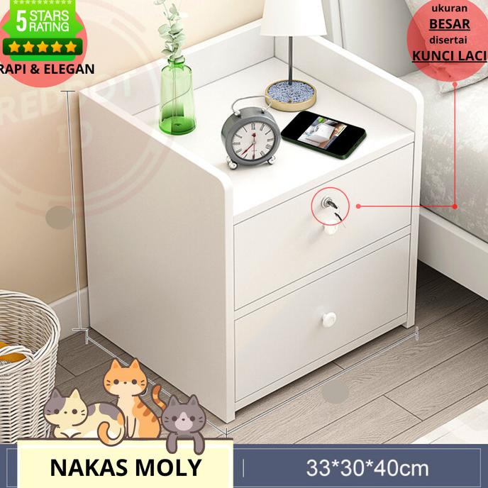 Meja Nakas Minimalis Putih Aesthetic MOLY Kunci Laci Ukuran Besar
