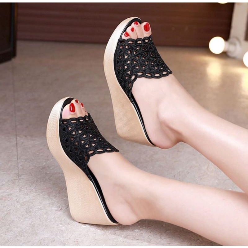 Wedges Sandal Slide Mika Mutiara Batu Besar Sendal Santai Hak Datar Flatform Be Bob Murah Import Abb