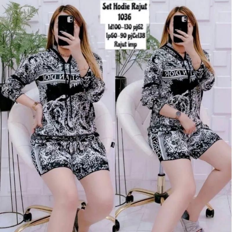 JYS 1036 SETELAN RAJUT LENGAN PANJANG CELANA PENDEK HODDIE IMPORT