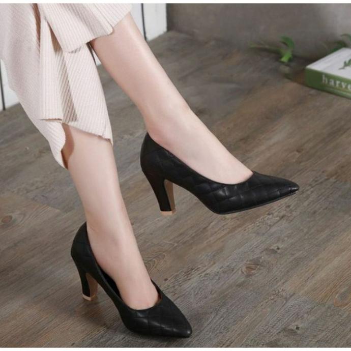 SEPATU PANTOFEL HITAM WANITA HEELS HAK 7cm KOTAK TAHU ND02 PESTA KERJA