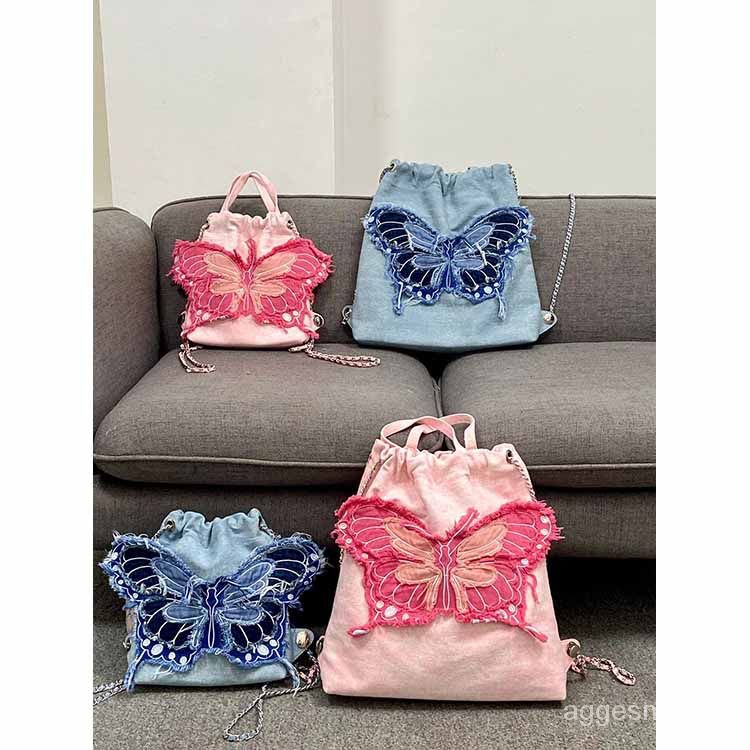 Ransel rantai denim rumbai pita tas tangan denim bordir/tas sekolah anak/mini backpack/tas export