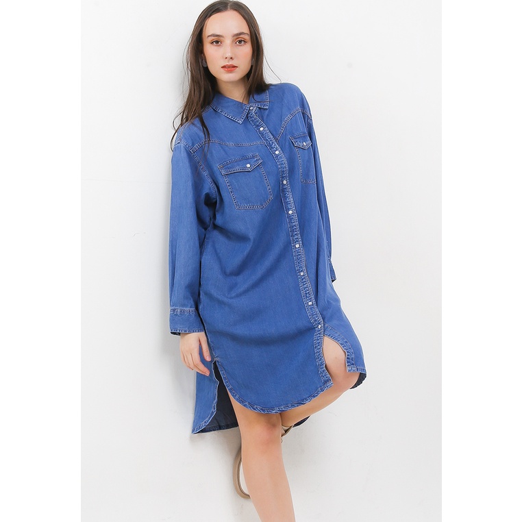 Dress Hush Puppies Original Wanita Dres Warna biru Pernikahan Bermerk Casual Drisen Oversized Denim 