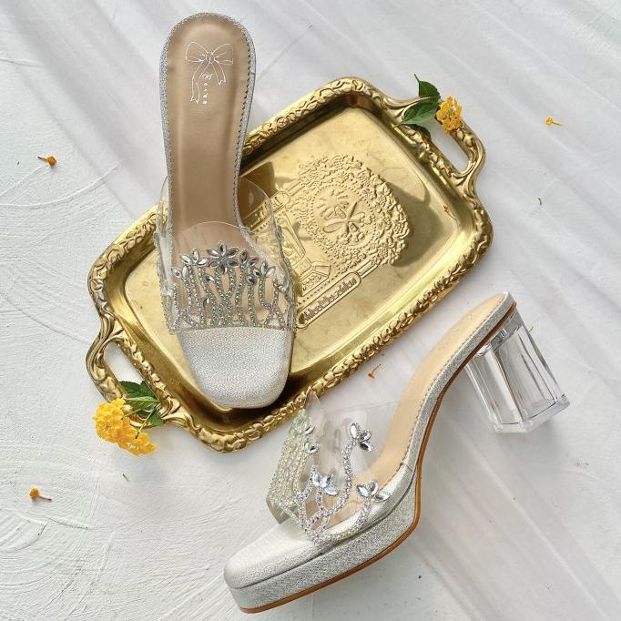 Silver Selop Sandal Sepatu Pesta Wanita Block Heels 7.5cm AVEDA KE3352