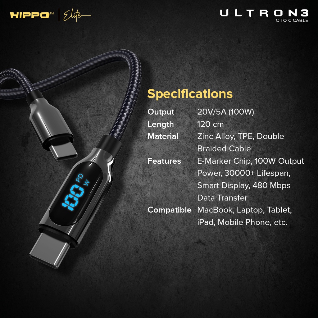 Hippo Kabel Data Super Fast Charging Ultron 3 Type C to Type C 5A 100 W 120 CM Quick Charge 3.0 Quick Charging Data Cable Android Braided Casan Handphone LED Indicator-7