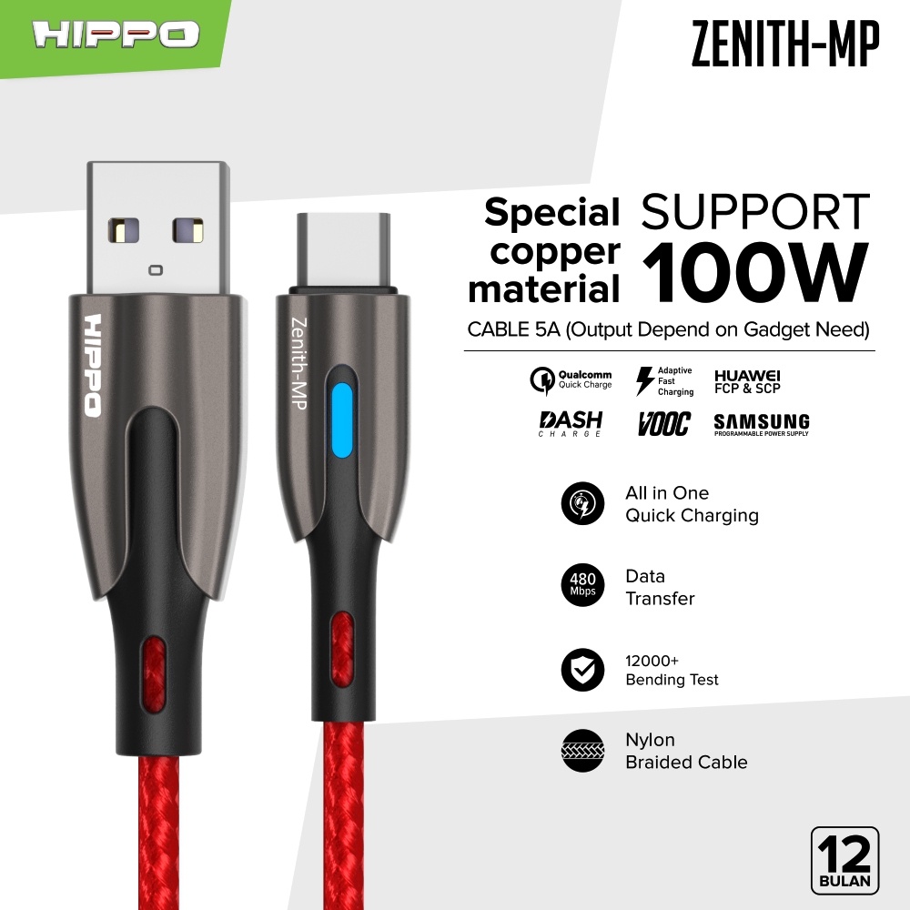 Hippo Kabel Data Super Fast Charging Ultron 3 Type C to Type C 5A 100 W 120 CM Quick Charge 3.0 Quick Charging Data Cable Android Braided Casan Handphone LED Indicator-Kabel Zenith MP Red
