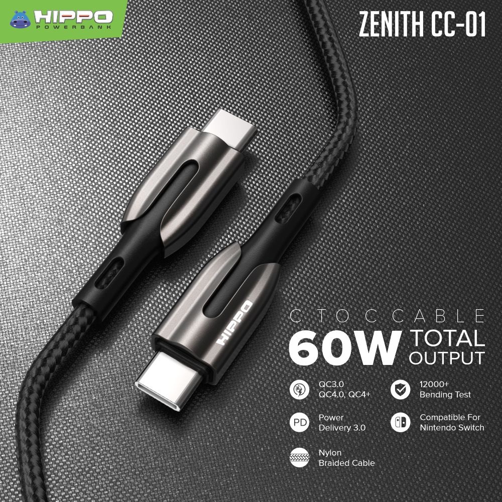 Hippo Kabel Data Super Fast Charging Ultron 3 Type C to Type C 5A 100 W 120 CM Quick Charge 3.0 Quick Charging Data Cable Android Braided Casan Handphone LED Indicator-Kabel ZenithCC Black