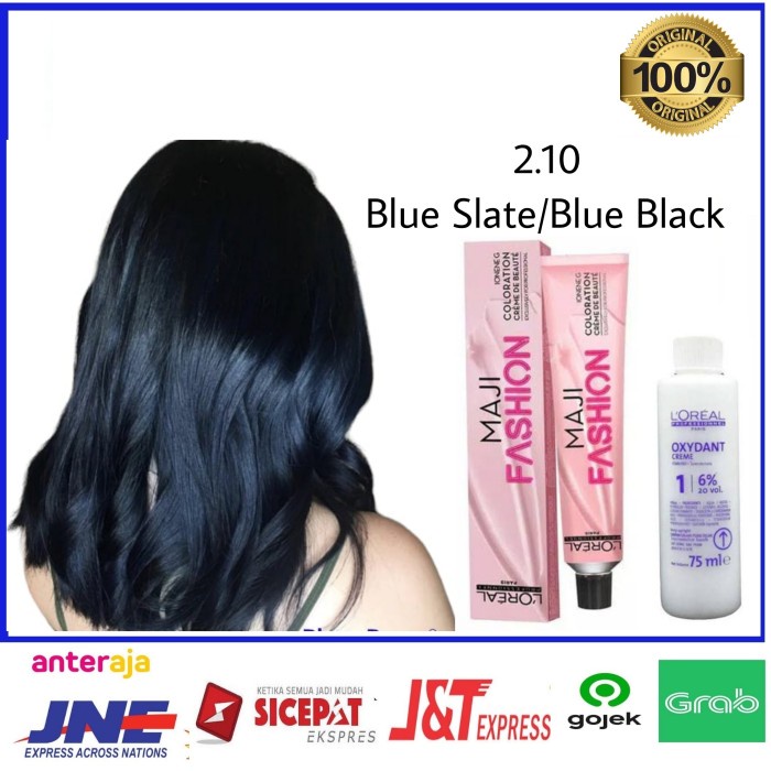 cat rambut Loreal maji 2.10 Blue Black + oxidant pewarna rambut