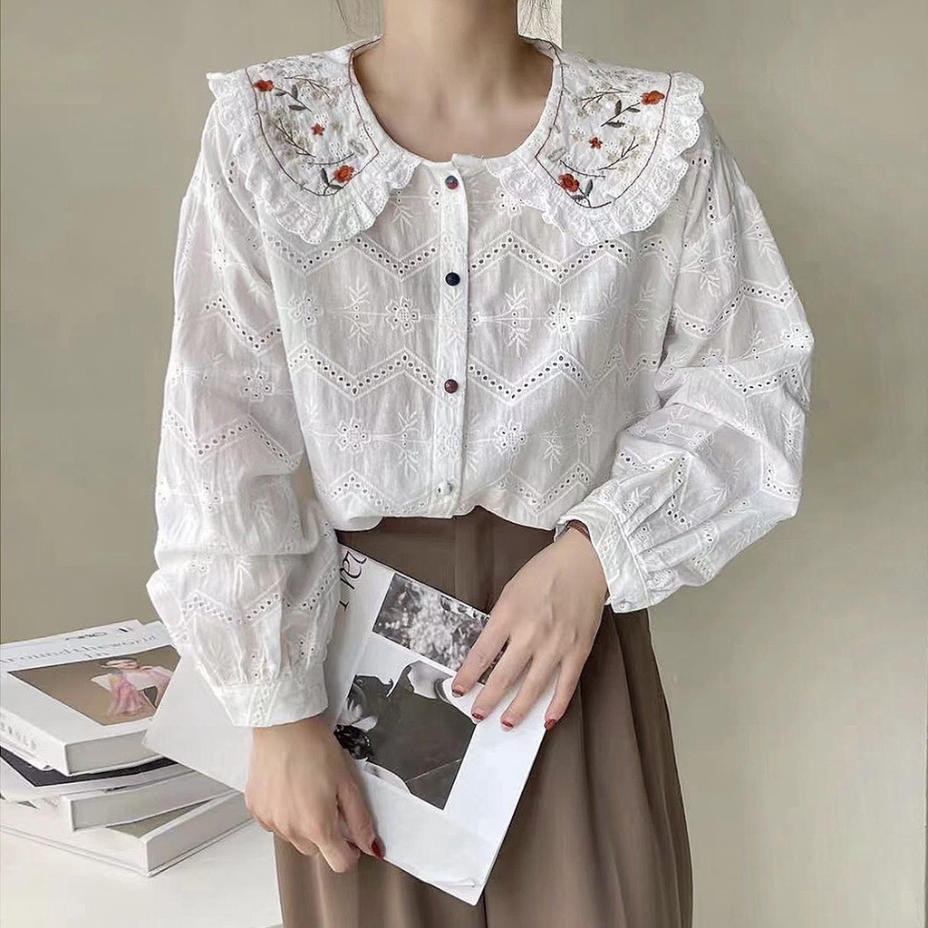 BLUS KATUN PUTIH KERAH COLLAR BORDIR BUNGA ORANGE OVERSIZE IMPORT