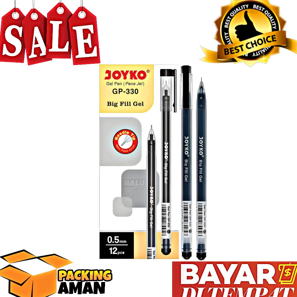 

TPHB6862 (BISA COD) PROMO 12 Pcs Gel Pen Pulpen Pena Joyko GP-330 Big Fill Gel 0.5 mm Hitam