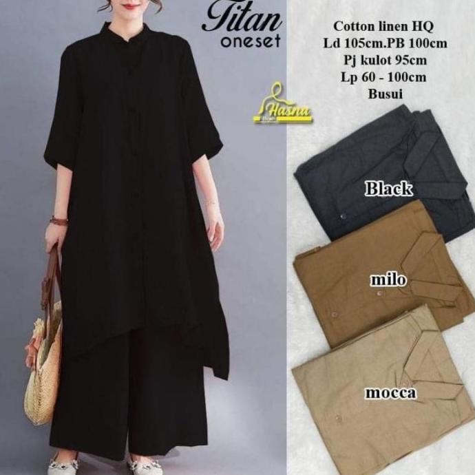 Setelan Muslim Wanita Terbaru / One Set Tunik+Kulot Bahan Katun Linen